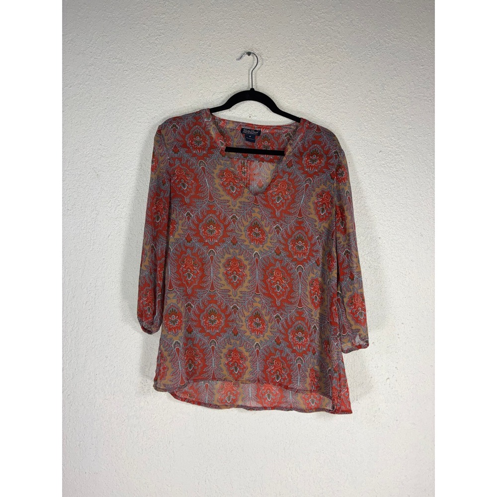 Lucky Brand Womens Red Orange Paisley Boho Split Neck 3/4 Sleeve Blouse Size M‎